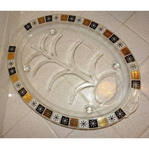 Vintage Inland Glass MCM Clear Meat Platter Atomic Gold Black Starburst tray - Picture 3 of 9